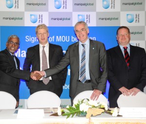 From left to right Mr S. Vaitheeswaran Manipal Global Educational Services, Jo Johnson Minister for Universities and Science, Peter Horrocks VC of The Open University and Steve Hill, Director of External Engagement The Open University