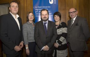 From left, MBA graduate Graeme Millar, Assistant Director of the OU in Ireland Heather Laird, Assistant Director of the OU in Ireland John Addy, Diploma in Higher Education in Mental Health Nursing graduate Andrea Craig and Director of the OU in Ireland John D’Arcy. Copyright: Kevin Cooper