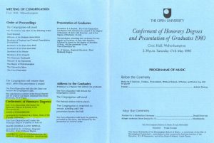 1980 OU degree ceremony order of proceedings attended by David Attenborough