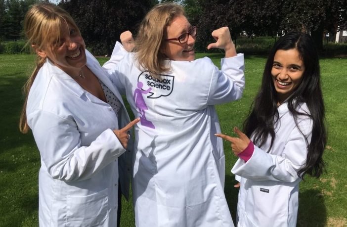 Three Open University soapbox scientists in their lab coats