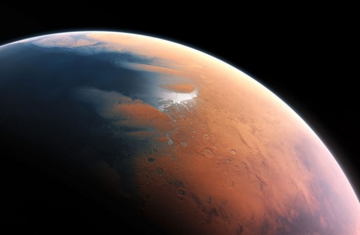 An artist impression oF the surface of the Planet Mars four billion years ago