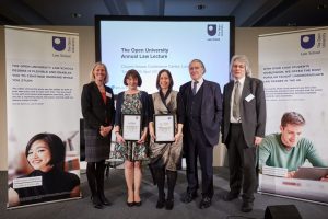 (from left-to-right) Dean of the Faculty of Business and Law, Professor Rebecca Taylor; Cate Turner; Karie Matthews; Sir Nicholas Forwood QC; Head of The Open University Law School, Paul Catley