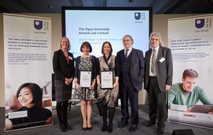 (from left-to-right) Dean of the Faculty of Business and Law, Professor Rebecca Taylor; Cate Turner; Karie Matthews; Sir Nicholas Forwood QC; Head of The Open University Law School, Paul Catley