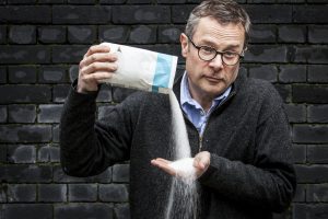 Hugh Fearnley-Whittingstall pouring sugar