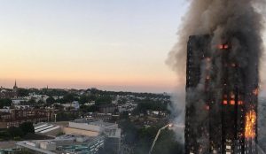 Photograph of a tower block on fire