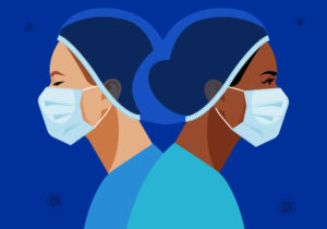 Vector illustration of two nurses wearing a medical mask and hat