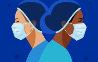 Vector illustration of two nurses wearing a medical mask and hat