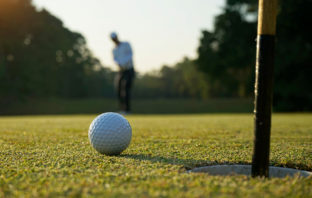 Close-up of a golf ball and a man putting