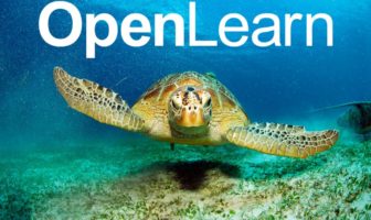 Image of turtle swimming in the ocean with OpenLearn banner