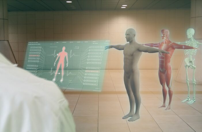 Virtual reality setting showing three scans of the human body